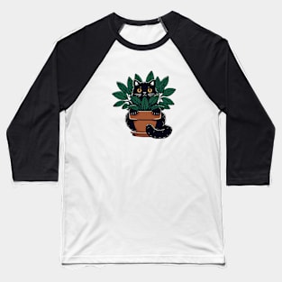 Black Cat Behind Plant Baseball T-Shirt